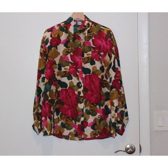 Vintage Express 100% Silk Floral Button-Up Shirt  Medium Old Money - Picture 1 of 8